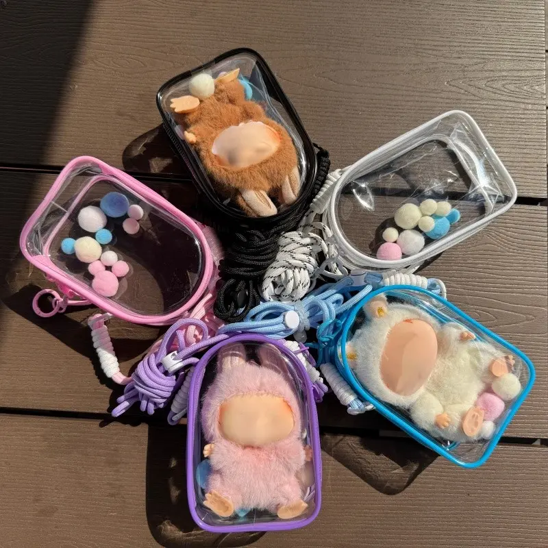 Labubu Doll Multifunctional Stuffed Animal Storage Bag Set (1 Pack + 3 Accessories), Organizer Pouch, Organization Pockets, Dustproof Display Case, Heart Buckle, Adjustable Shoulder Strap, Rainbow Ball