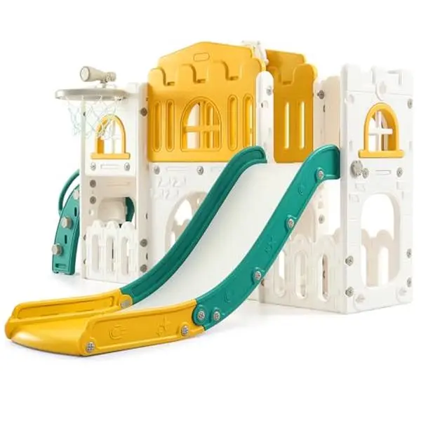 8-in-1 Space Saver Toddler Slide Playset, Outdoor Play Sets for Ages 1-3, Indoor/Outdoor Playground Toy with Climber, Crawling Tunnel, Basketball Hoop, Telescope, Toy Storage, Orange-Green, Outdoor Play Equipment, Home Playground Equipment