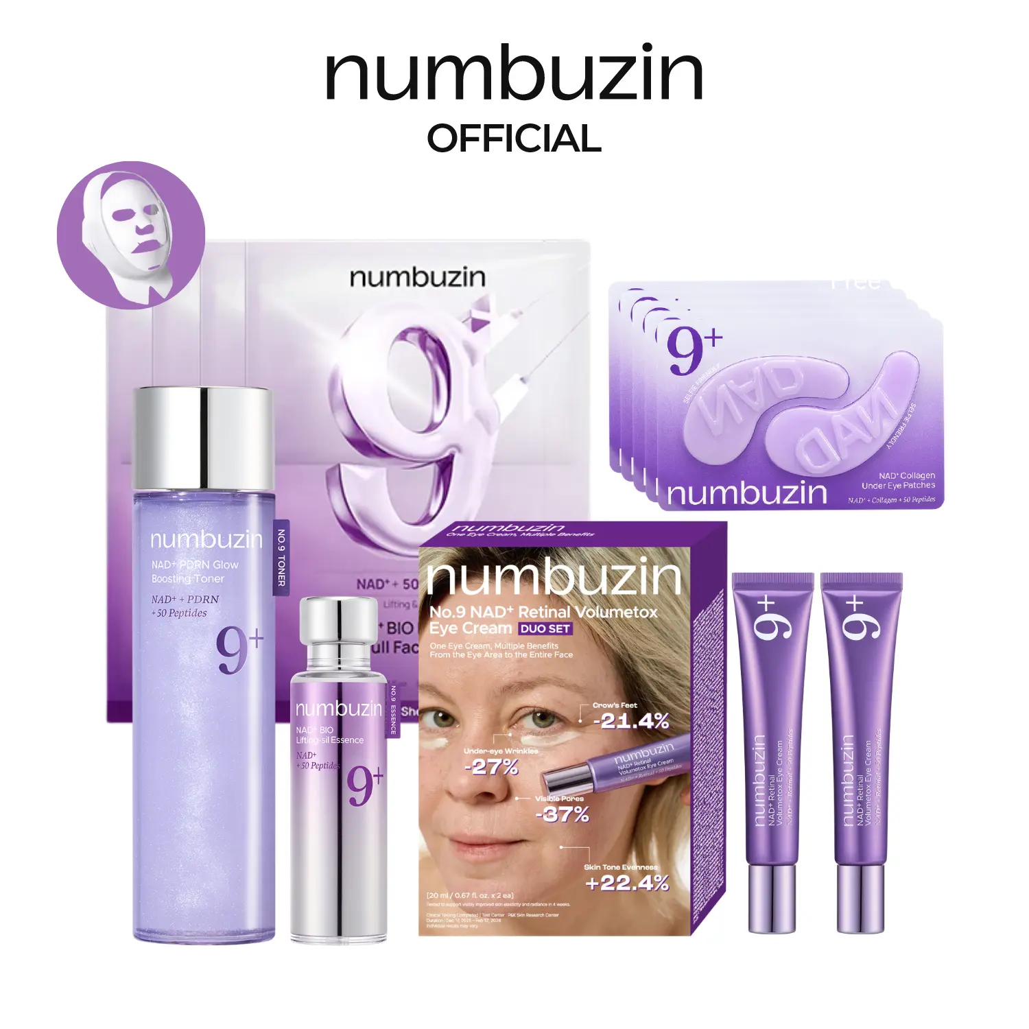 [numbuzin Official] No.9 Ultimate NAD+ Peptides Routine Set | No.9 Toner + Essence + Under Eye Masks + Full-face Mask + Eye Cream (Choose one) | Firming, Wrinkles, Fine Lines, Anti-aging | NAD+, 50 Peptides | Day to Night Skincare Routine