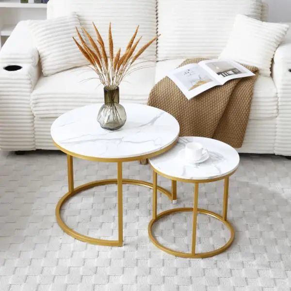 Bellemave 2-Piece Round Marble-Patterned Wooden Coffee Table Set - Modern Industrial Simple Design for Living Room, Bedroom,dorm essentials,home decor