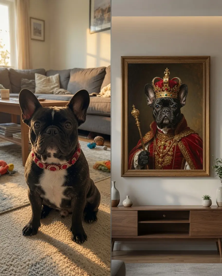 Custom Royal Pet Portrait Canvas - Personalized Dog & Cat Renaissance Wall Art - Walnut Framed 16x20 Print from Your Photo - Pet Memorial Gift