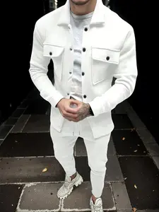 Men's Fashion Solid Color Collared Pocket Button Front Jacket Set, Long Sleeve Casual with Drawstring Pants, Fall & Winter Clothing, Menswear Suits