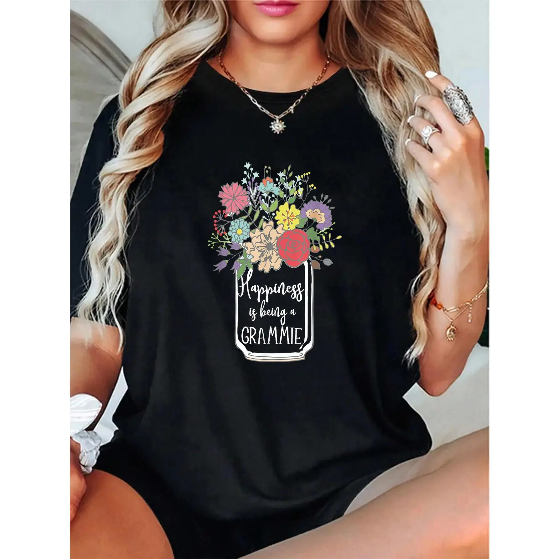 Women's Graphic T-Shirt, V-Neck with "Happiness Is Being A Grammie" Floral Print, Short Sleeve Cotton Top in a Relaxed Fit for a Casual Vibe, Breathable, Shortsleeve, Tee, Cute, Fabric, Round Neck, Style, Casual Vibes