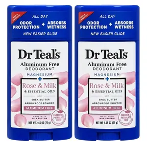 Dr. Teal's Rose & Milk Deodorant Gift Set (2 Pack, 2.65oz Ea) - Rose & Milk Formula - Aluminum Free with Magnesium - Essential Oils, Shea Butter & Arrowroot Powder Absorb Moisture, Keep Skin Healthy