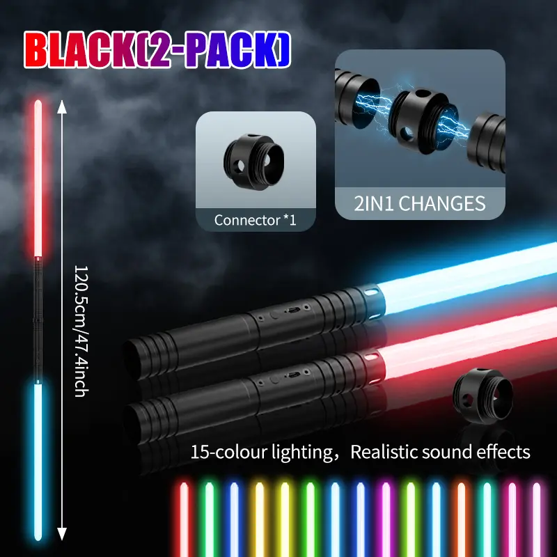 Durable Alloy USB Rechargeable Lightsaber (1/2-Pack, Black), 15-Color RGB Changing, 4 Sound Modes, Double-Sided Sword with Batteries & Cells for Families (Toys & Hobbies, Sports & Outdoor Play, Toy Swords & Sabres), Rgb Colors