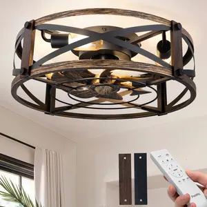 20" Caged Ceiling Fan with Light and Remote, Low Profile Flush Mount Fandelier, Black Bladeless Enclosed Small Fan Lights Ceiling Fixtures, Rustic Farmhouse Style for Bedroom, Outdoor