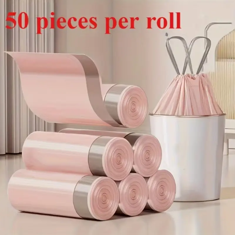 Ultra-Thick Durable Drawstring Trash Bags, Large Portable Kitchen Garbage Bags, Plastic Trash Bags, Home Use, 1 Roll/50 Pieces, Ideal for Daily Waste Disposal