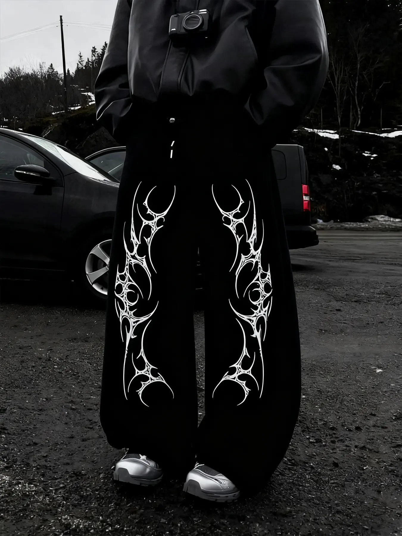Unisex streetwear, Gothic style, Gothic thorn rune pattern print, loose straight-leg jogging sports sweatpants for autumn and winter, suitable for street wear, casual men's gifts, trendy wear and matching for travel, 2000s style
