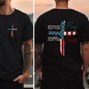 Stand For The Flag Kneel For The Cross  2 Sided T-Shirt, Graphic Tees for Men Cotton Fabric Casual Crew Neck Short Sleeve T-Shirt Trendy Tops