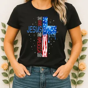 She Loves Jesus and America Too T-Shirt – Patriotic Christian Women’s Tee with Faith and USA Pride – Perfect for 4th of July, Church, or Everyday Wear ️