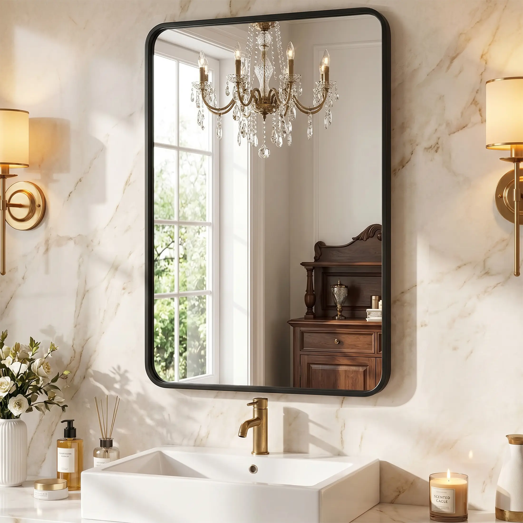Sweetcrispy Modern Rounded Rectangle Wall Mirror for Bathroom Decor, Anti-Rust Tempered Glass Bathroom Vanity Mirror, Hangs Horizontally or Vertically