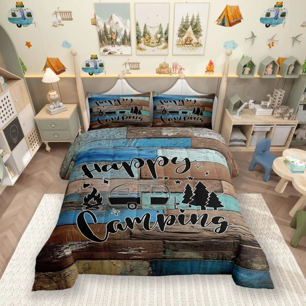 Camping Adventure Comforter Set,Camper RV Trailer Decor Bedding Set for Kids Boys Girls Adults,Retro Wooden Plank Cottage Down Comforter,Rustic Farmhouse Duvet Insert