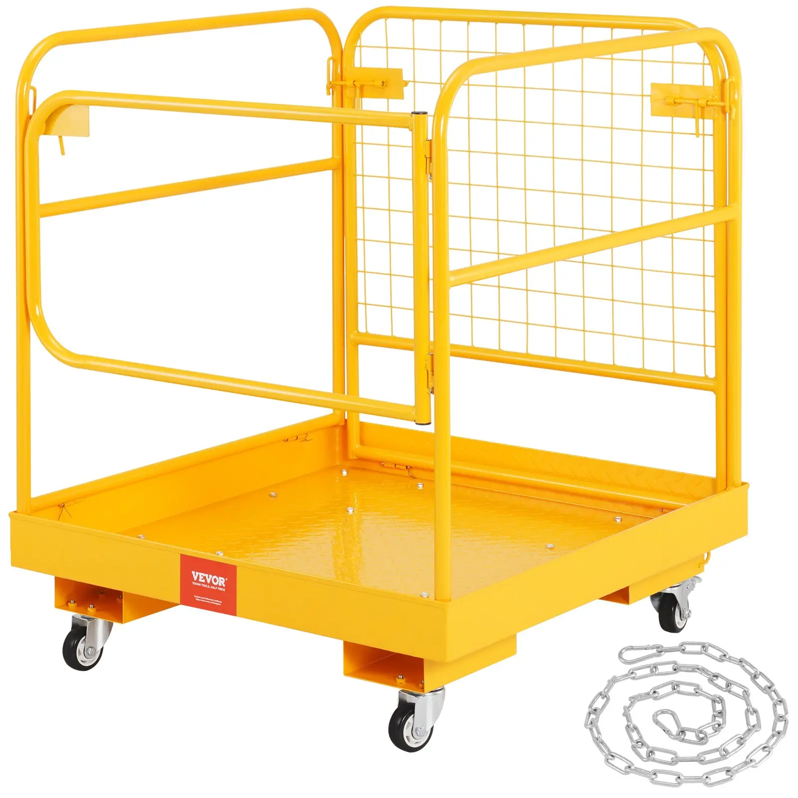 VEVOR Galvanized Metal Foldable Pallet Loader Safety Cage, 1200 lbs Load Capacity, 36x36 in (36 x 36 inches) Work Platform, Lockable Safety Door, Lockable Swivel Wheels, Drain Hole, Device Chain, Holds 1 to 2 Adults for Aerial Work