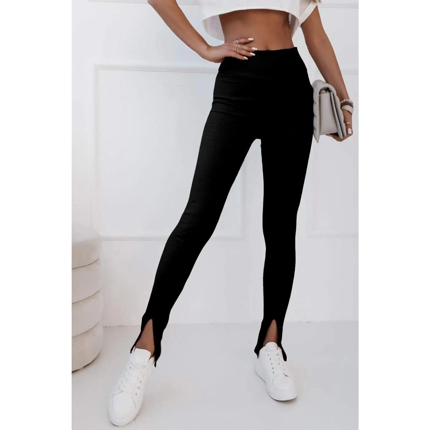 Black Rib Knit High Waist Slit Leggings
