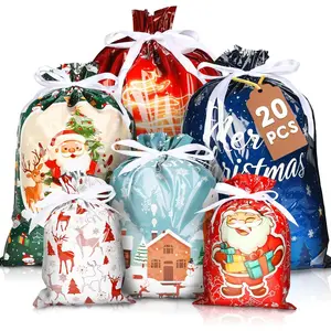 20 Packs Christmas Drawstring Gift Bags, Assorted Sizes Small to Large with 6 Colorful Designs & Tags, Perfect for Holiday Wrapping, Party Favors & Xmas Decorations