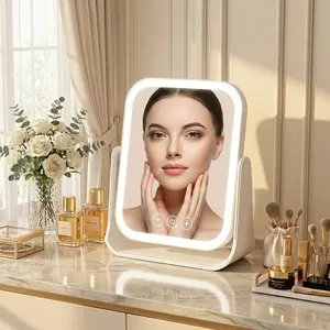 LED Makeup Mirror Lighted Makeup Mirror Rechargeable Three Color Lighting Foldable Travel Makeup Mirror 360 Degree Rotation Touch Control Dimming Vanity Mirror