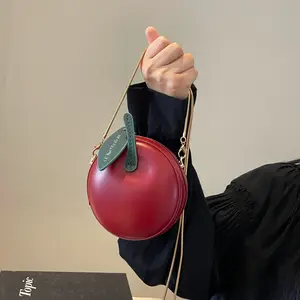 Women's Red High Quality Apple Mini Bag with Detachable Chain Strap & Green Leafy Patch - European & American Style Compact Crossbody Purse for Everyday Use, Stylish Accessory | Polyester Lining, Small Crossbody Bag novelty heart