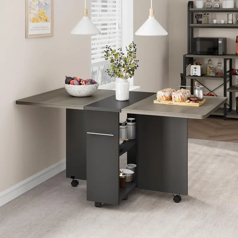 Space Saving Folding Dining Table with 2 Tier Storage-Extendable Drop Leaf Farmhouse Kitchen Dining Room Tables Set for 4, Collapsible Expandable Rectangle (47.2"D x 23.6"W x 29.5"H)