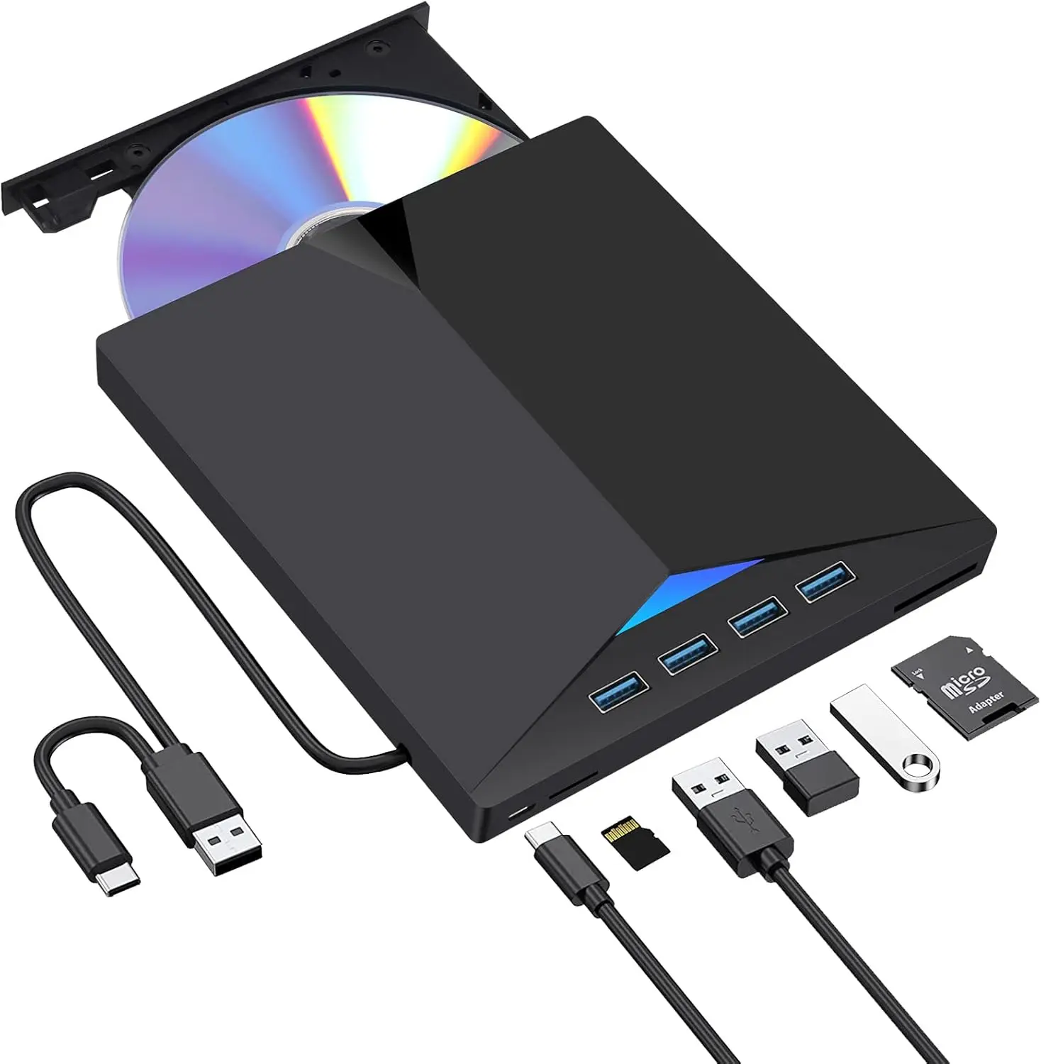 Laptop External CD DVD Drive，7 in 1 USB 3.0 & Type-C DVD Player, Portable CD/DVD Burner, External DVD Drive for Laptop Desktop PC, for Windows 11/10/8/7 Linux, Boyfriend Gift, Office Accessories, Home Office, Teenage Boy Gifts
