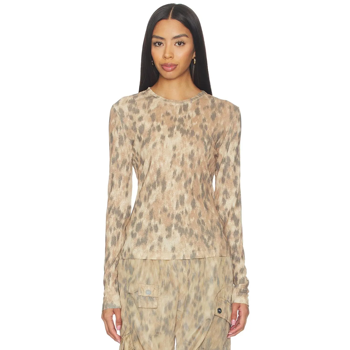 Ganni Printed Marl Mesh Long Sleeve Top in Burro