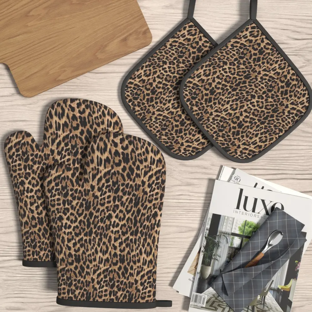 4-Piece Heat-Resistant Insulated Oven Mitts & Potholders Set, Leopard Print, Ideal for Home, Kitchen, Cooking, Grilling & Baking, Perfect Gift