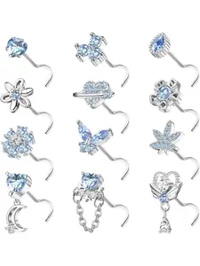 12 PCS 20G Nose Rings Surgical Stainless Steel, S/L Shaped Nose Studs for Women Men, CZ Heart Butterfly Flower Leaf Moon Dangle Cute Nose Piercings Studs Screw Jewelry Pink/Purple/Blue/Clear Cubic Zirconia Jewelry
