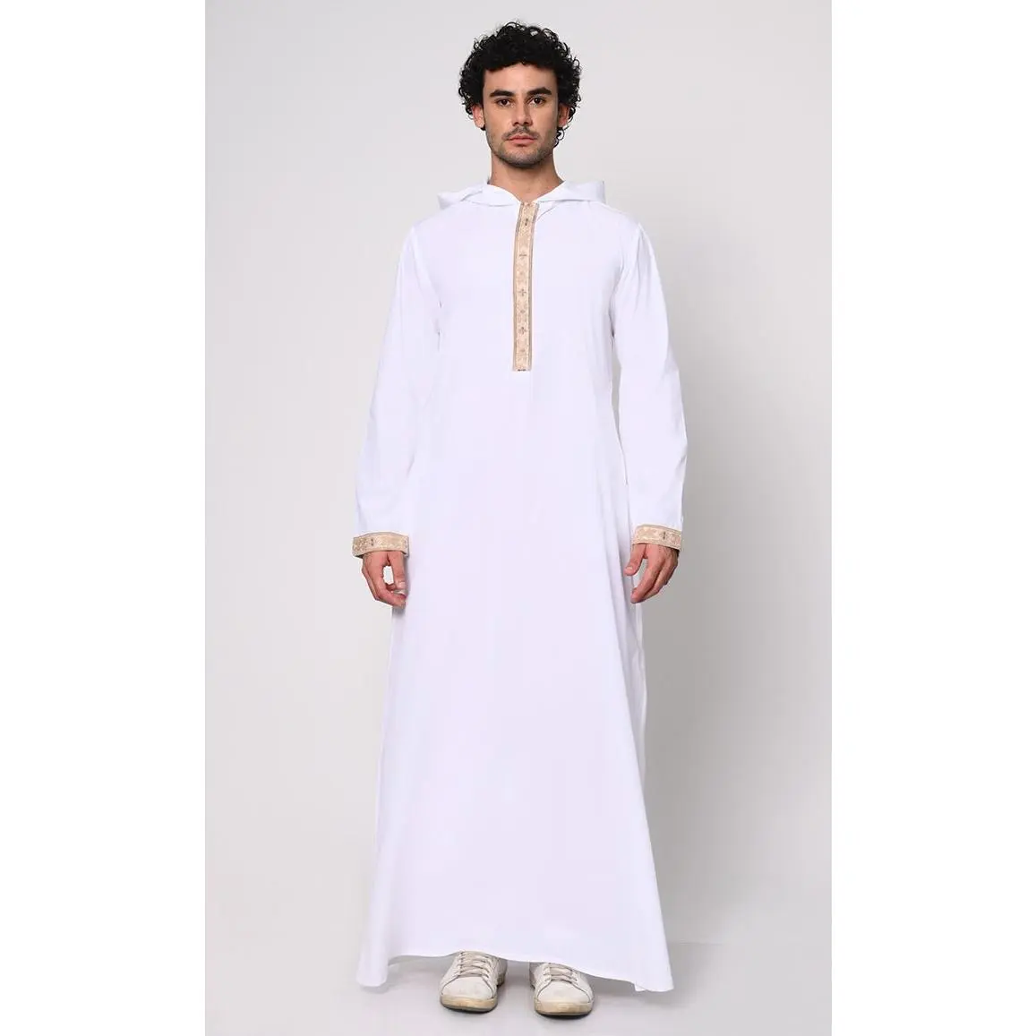 Versatile Style: Hidden Button Men's White Thobe Hoodie with Pockets