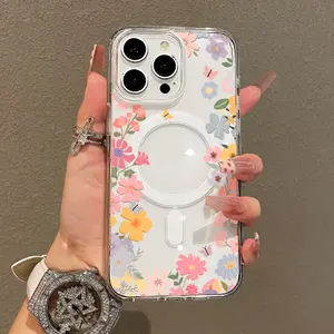 Soft Girl Magnetic Case for iPhone X/11/12/13/14/15/16/17 ProMax, Samsung and other series models, Floral border with butterflies Lightweight, Drop-Proof, MagSafe Compatible |     Perfect for Teen Girls