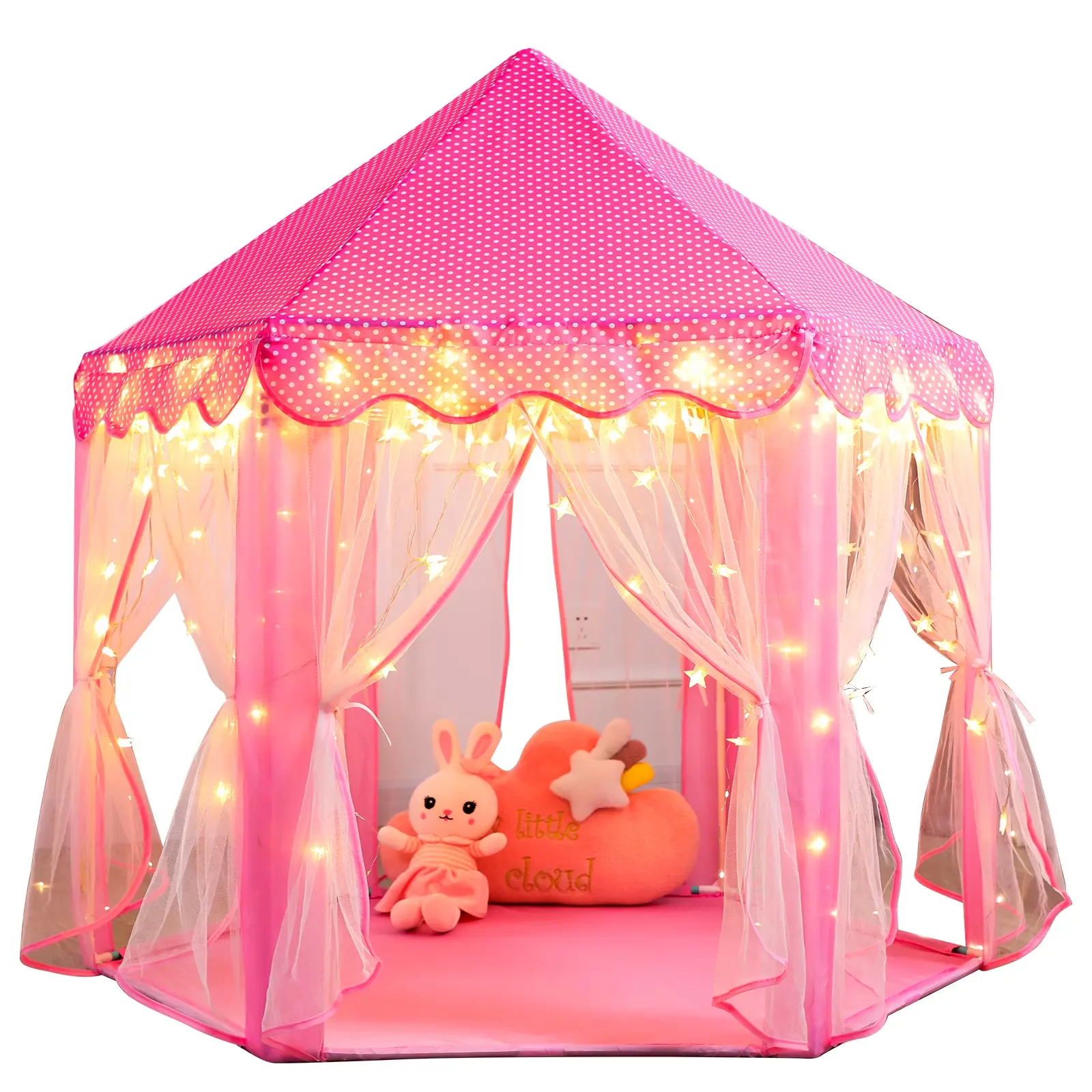Princess Castle Kids Indoor Play Tent, Pink Hexagon Fabric Playhouse with Star Lights, Large with Carrying Bag KP-GZ-001-W