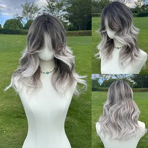 SMILCO/18Inch Ombre Dark Grey Ash Light Grey Medium Curly with Bangs Synthetic Wig/SM415-3