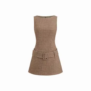 Cider Boat Neck Houndstooth Belted Mini Dress Dealsforyou
