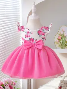 Girls' dress, Floral print dress, girls' summer dress, sweet rose print style, girls' sleeveless mesh princess dress, rose print top+three-dimensional large bow, children's Easter gift, suitable for daily travel, birthday parties