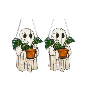 2pc Cute Ghost Plant Suncatcher-Ghost and Monstera Acrylic Ornament, Perfect Halloween Hanging Decor,Ideal Gift for Plant Lovers and Moms