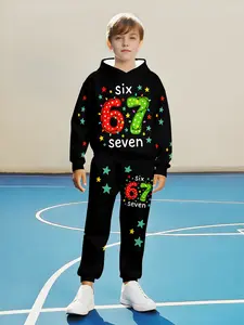 Trendy Starlight Christmas Hoodie Set, Sweatpants, Number 67 Design, Casual Fitted Sweatshirt for Boys, Spring & Fall Fashion