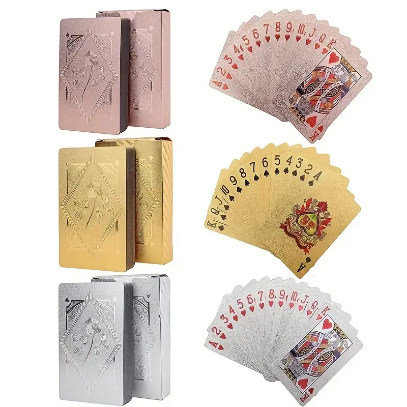 Embossed Aluminum Foil Waterproof Plastic Card Game Sets - 10 Gold, Silver & Pink Decks of Cards, Durable Materials for Youth Creative Game Gifts, Card Games