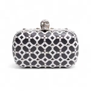 Pre-owned Alexander McQueen Metal Clutches & Wristlets Skull Motif Leather Clutch Bag With Rhinestones & Studs