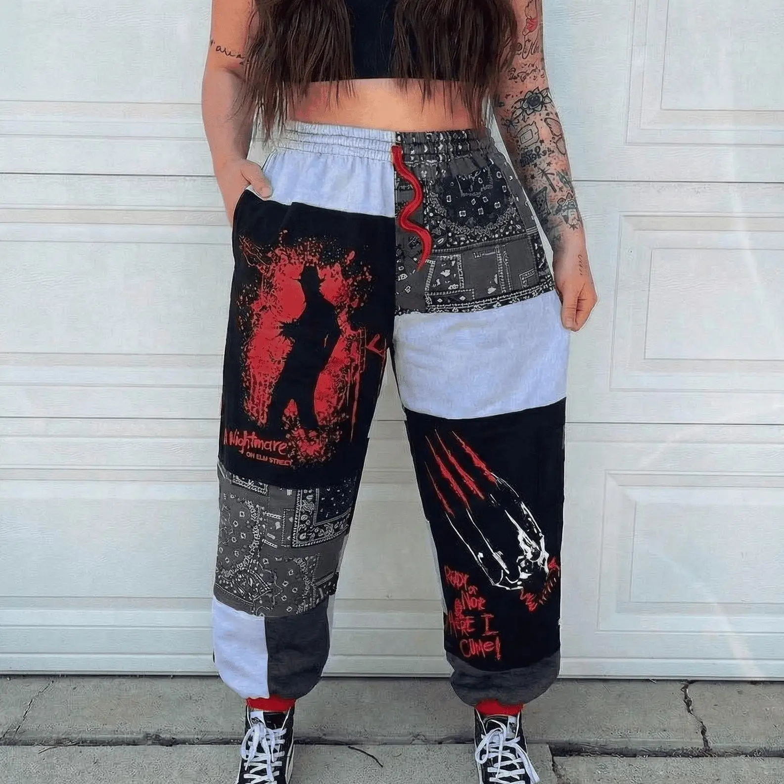 Scary Horror Movie Patchwork Halloween Sweatpants Collection, Spooky Graphic Jogger Pants, Unisex Streetwear Pants, Fall Winter Pants, For Men & Women, Gift For Horror Fans