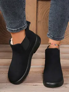 Women's Winter Fleece Lined Boots, Warm Mom Shoes, Flat Comfortable Short Boots, Anti-Slip Snow Boots, Round Toe Textile Upper, Footwear