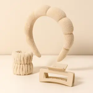 Puffy Headband Khaki Set for Women and Girls - Fluffy Rabbit Ear Cotton Spa Headband & Wristband Set with Makeup Sponge, Hair Claw Clips, and Scrunchies