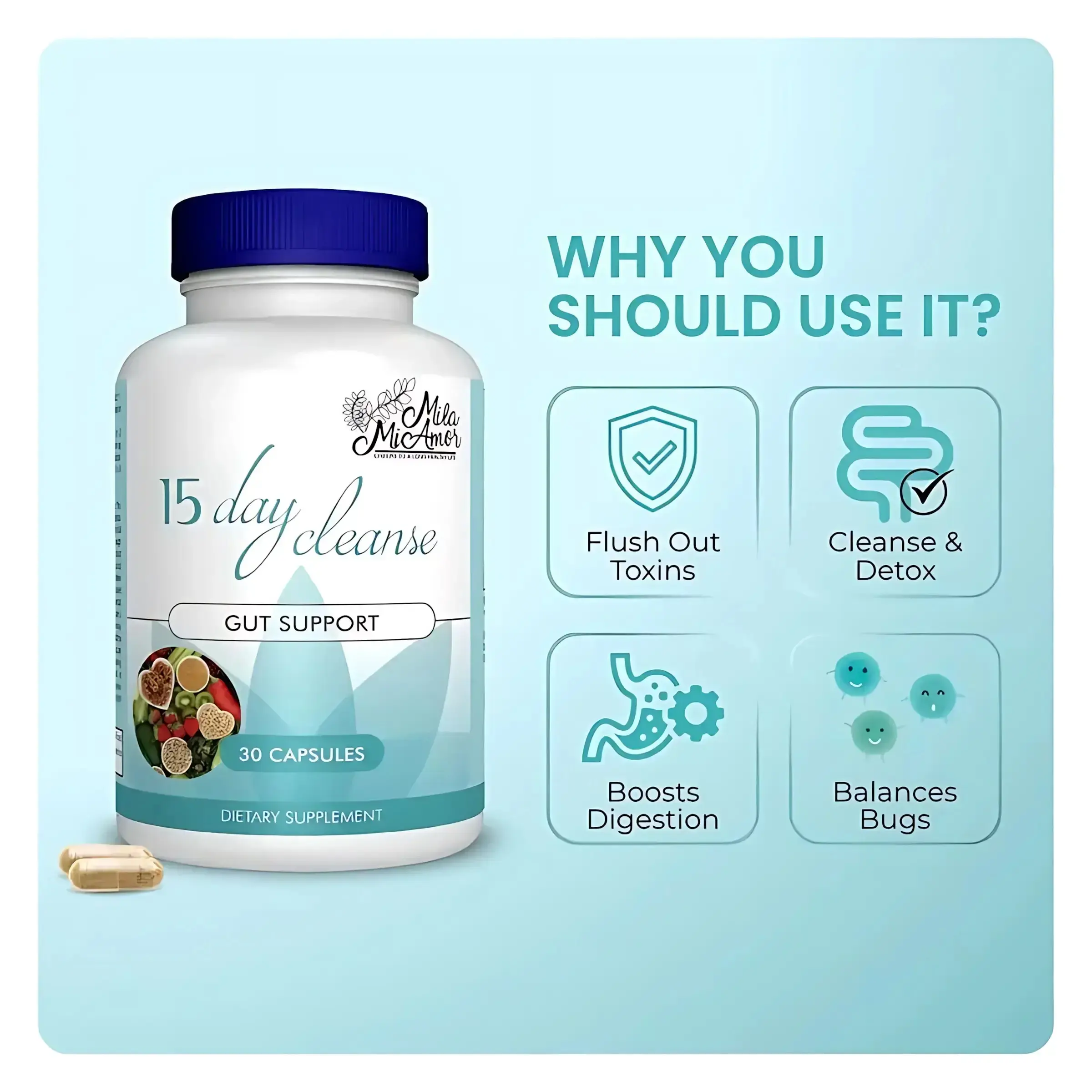 Mila McAnner 15 Day Cleanse Gut and Colon Support Caffeine Free Advanced Formula with Senna Cascara Sagrada Psyllium Husk Non-GMO Probiotics 30 Capsules