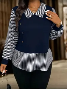 Eamory Ross Women's Plus Size Casual Striped Patchwork Shirt, Fashion Daily Top, Comfortable Fit, Multifunctional Stylish Item