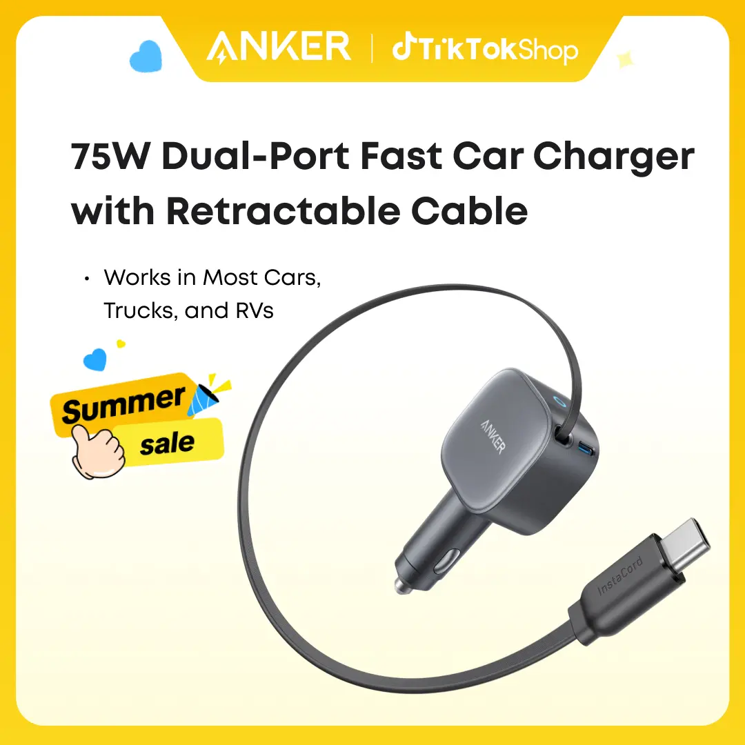 Anker USB-C Car Charger, 75W Max Fast Charging, Sleek and Compact Design with Retractable Cable, for iPhone 17 / 16 / 15 Series, Samsung S24 / S23, MacBook, and More