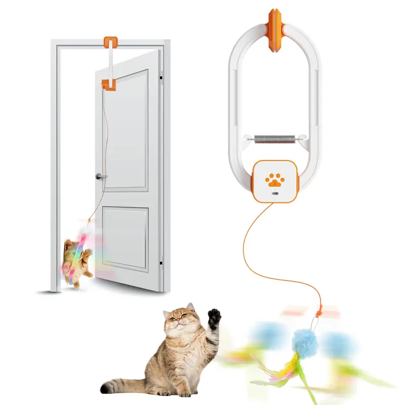 HappyCode Rechargeable Interactive Cat Toy - Auto Teaser Wand with Dual Motion-Activated Modes (360° Spinning, Irregular Rocking), Elastic Cord, Tough Door Clip Design, Animal Print, Pet Activity Stimulator