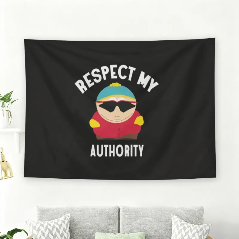 South Park Eric Cartman "Respect My Authority" Wall Flag, Cartoon Meme Funny Tapestry, Black Background Living Room Wall Hanging Decor