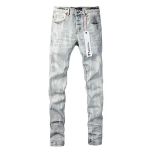 Men's Light Luxury Cotton Denim Jeans - 2026 Blue Distressed Washed Stretch Slim-Fit Pants, Zipper Closure, Casual Style, Hole Patch Decoration, Soft Fabric, Pocket Design, All-Seasons Wear