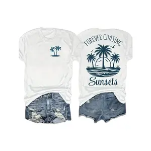 Womens Cotton Short Sleeve Graphic T Shirt Forever Chasing Sunsets Palm Tree Beach Sunset Print Summer Vacation Coastal Casual Tee For Travel Weekend