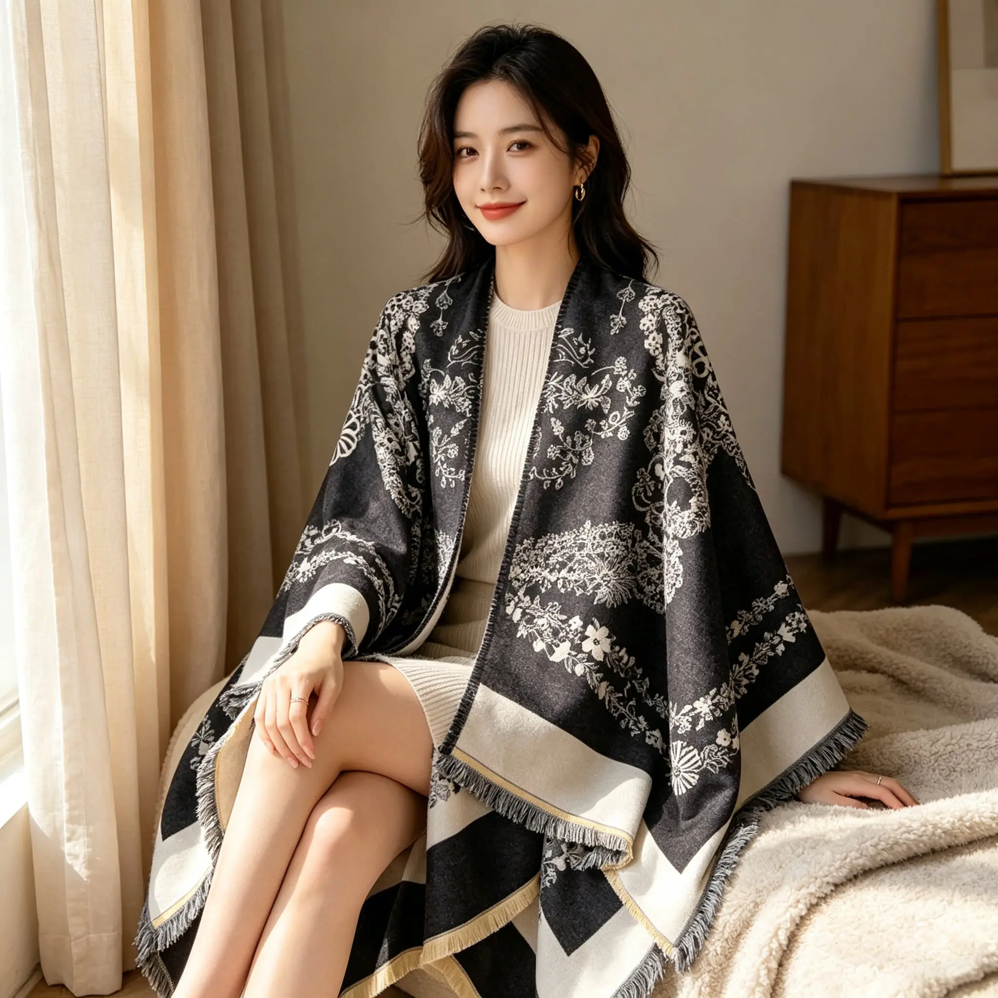 Women Shawl Wraps Poncho Fleece Sweater Coat Cape Travel Warm Shawel Office Blanket Scarf