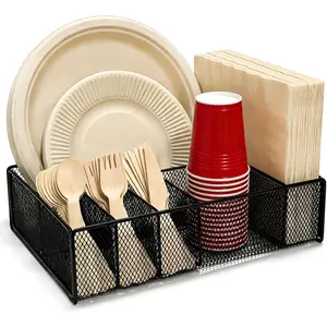 Paper Plate Organizer for Countertop - Metal Utensil Caddy Silverware Holder Cutlery Flatware Plastic Spoon Fork Plates Napkins Cup Storage Dispenser Party Picnic Essentials Camping Supplies