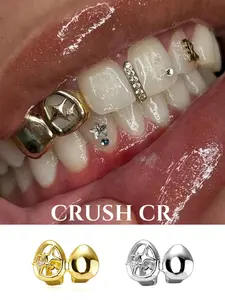 CRUSH CR 18K Gold Plated Star Hollow-Out Smooth Dual Tooth Grillz Set For Woman Female Man Gold/Silver Options Perfect for Daily Commutes Brunch Dates Y2K Aesthetic Outfits Music Festivals Club Nights Edgy Streetwear Fits TikTok Photoshoots Themed Parties