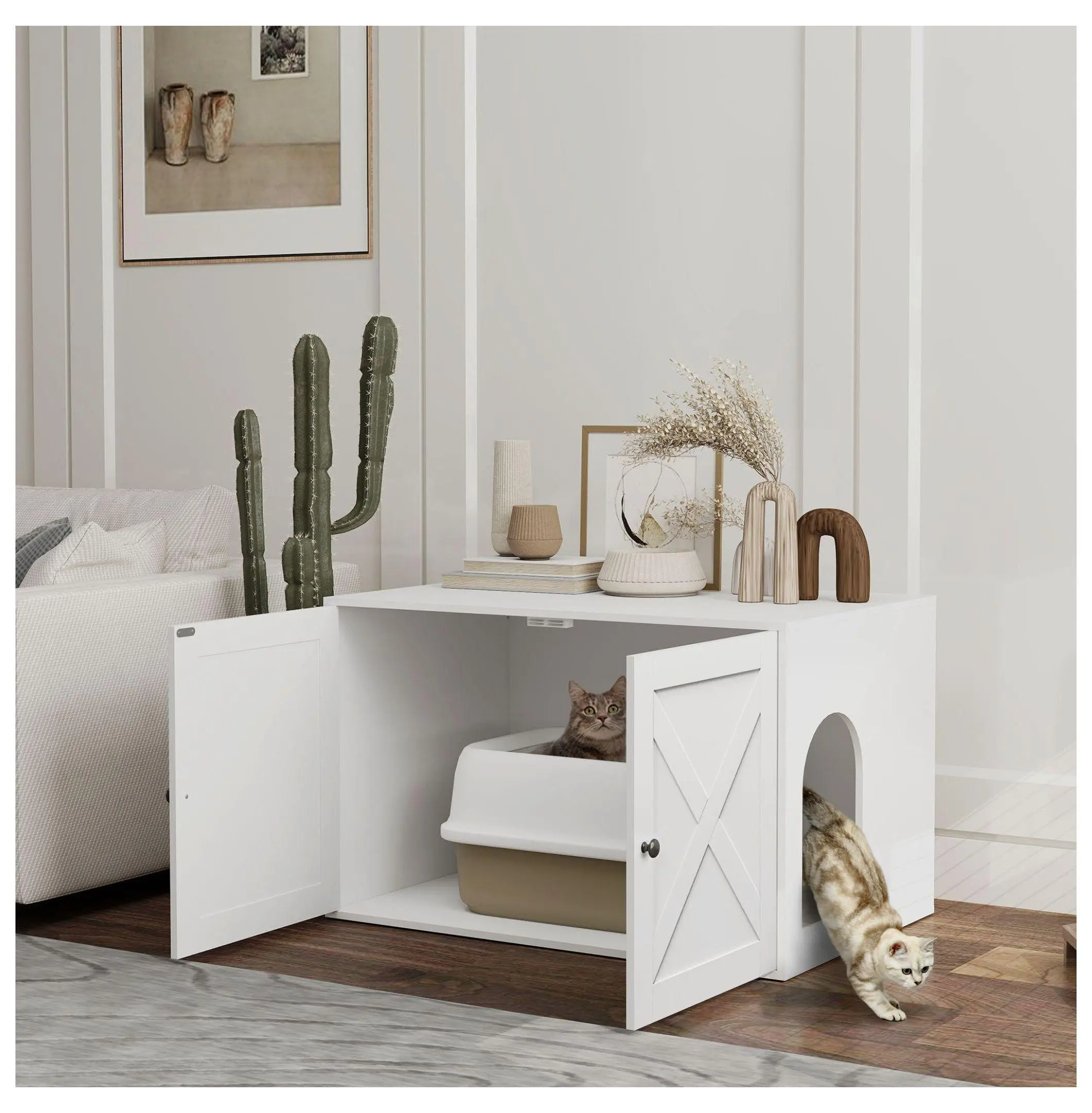 Modern Farmhouse White Barn Door Cat Litter Box Enclosure Furniture - 31.5x21x20 inches, Hidden Cabinet with Cat Access, Stylish Side Table, 44 lbs on Top Capacity, Simple Assembly, Supports Up to 220 lbs Inside